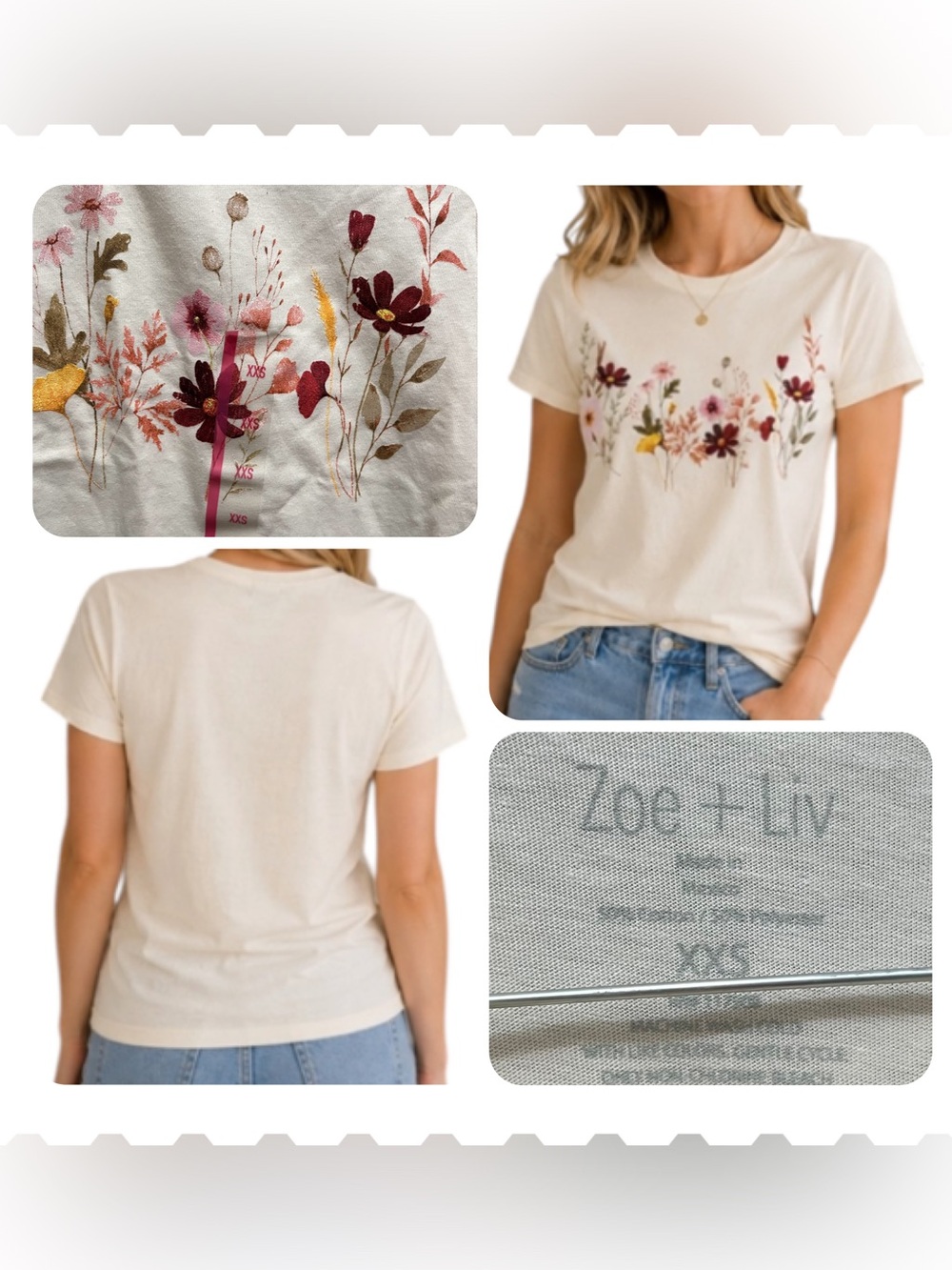 NWT Zoe+Liv Floral Graphic T-Shirt Cream XXS
